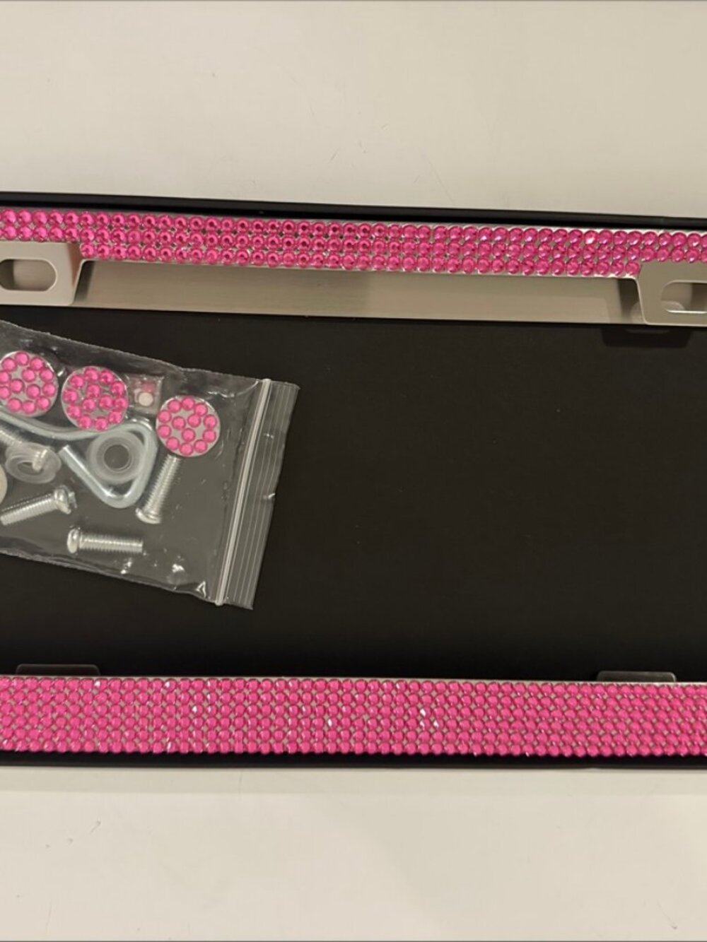 Bling Rhinestone License Plate Frames 2 Pack Rose Pink Crystal Screw Caps New